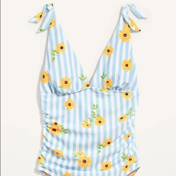 Blue striped swimsuit with yellow flowers - Picture 3 of 5